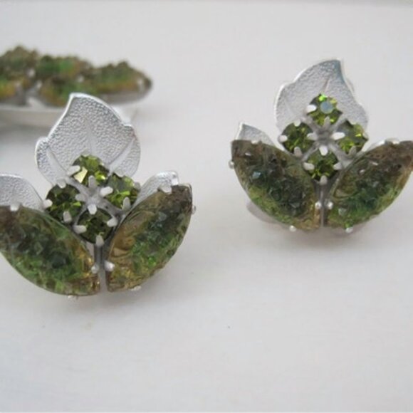 Vintage Brooch Earrings 50s 60s Rhinestone Art Glass Continental Green silver - Picture 3 of 6